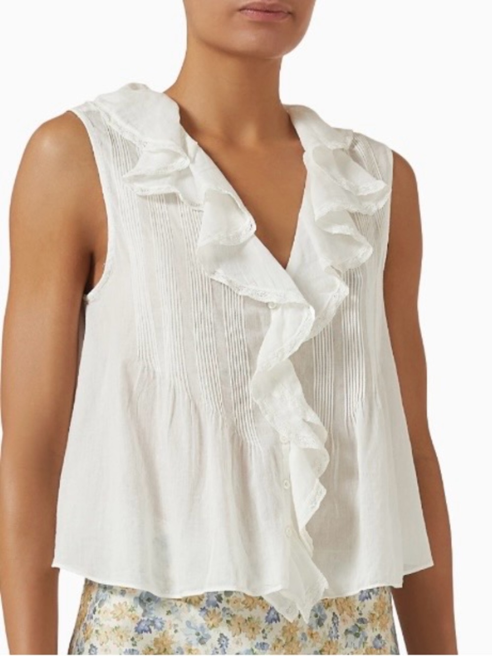 DÔEN Ivory "Salt" Hilda Sleeveless Pintuck Ruffle Blouse Romantic Cotton S - Picture 6 of 10